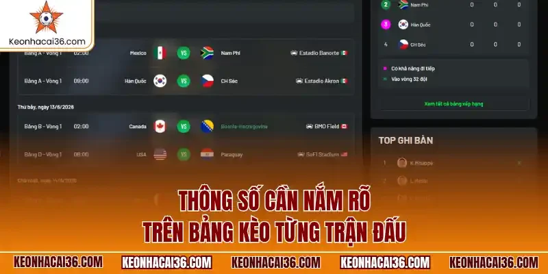 Thông số cần nắm rõ trên bảng kèo từng trận đấu
